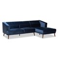 Baxton Studio Morton Mid-Century Navy Blue Velvet and Dark Brown Wood Sectional Sofa with Right Facing Chaise 183-11667-Zoro